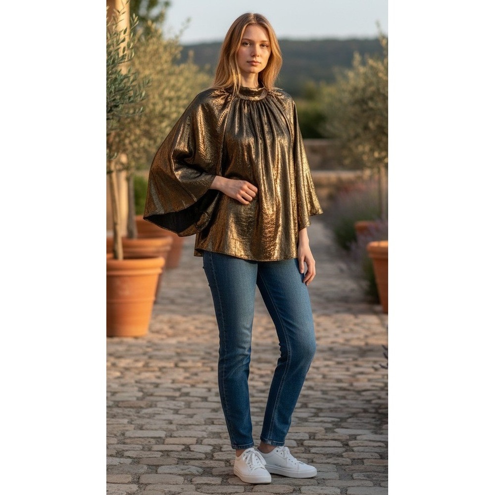Happy X Nature Gold Metallic Mock Neck Bell Sleeve Blouse Top Large NEW